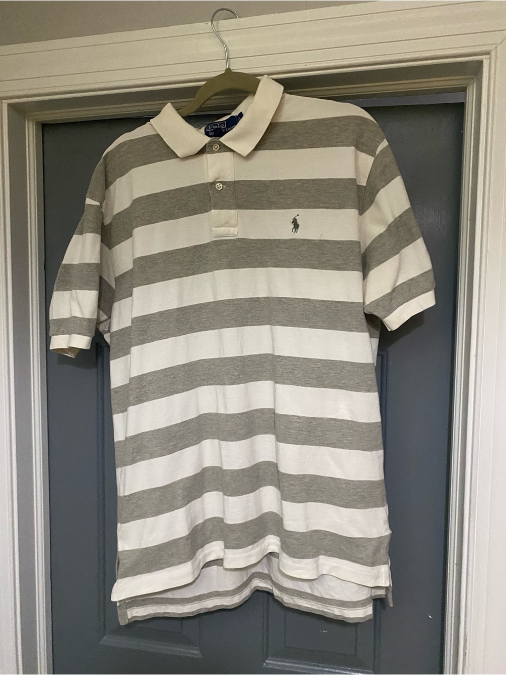 Ralph Lauren Men’s White and Gray Wide-Stripe Polo